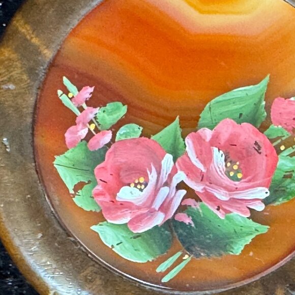 Woodstone Wood & Agate Round Trinket Box Hand Painted  Floral Design Lid - Picture 2 of 6